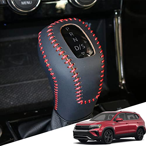 Great-luck Genuine Leather Automatic at Gear Shift Knob Cover Protector Trim,The car Custom Interior Accessories(Red Stitches) for Taos 2022 2023 2024 2025 - color: Red Stitches, size: Taos(2022-2025)