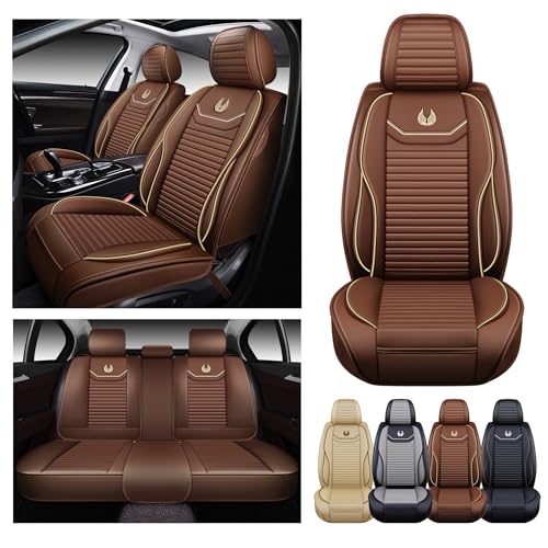 OASIS AUTO Car Seat Covers Full Set Premium Waterproof Full Coverage Faux Leather Luxury Universal Fit for SUV, Sedan, Pick-up Truck, Premium Interior Protectors (OD-008 Brown) - color: Brown