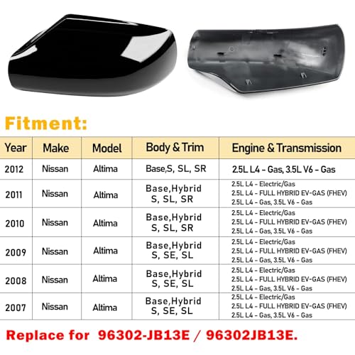 Moonlinks Mirror Cover Replacement Compatible With Nissan Altima 2.5L 2007 2008 2009 2010 2011 2012, Glossy Black Left Driver Side Clip-on Mirror Cap WITHOUT Turn Signal, Replace for 96302-JB13E - color: Left Black