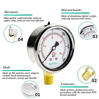 2-1/2" Liquid Glycerin Filled Air Pressure Gauge, 0-300Psi, 1/4" NPT Lower Mount, Stainless Steel Case, Brass Internals, Water Pressure Gauge - size: 0-300 Psi