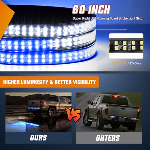 Nilight 60 Inch Truck Tailgate Strobe Light Strip Tail Emergency Bar Rear Window Warning Lamp Ultra-Bright Double Row 360 LED for Pickup Trailers Construction Vehicles Car SUV, Blue White - color: 60" Tailgte Strobe Blue White