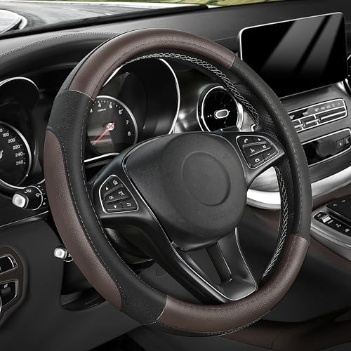 SEG Direct Steering Wheel Cover for Car, Standard Size 14.5-15 inch, Auto Interior Accessories, Black and Dark Brown - color: Black and Dark Brown, size: Standard size[14 1/2''-15'']