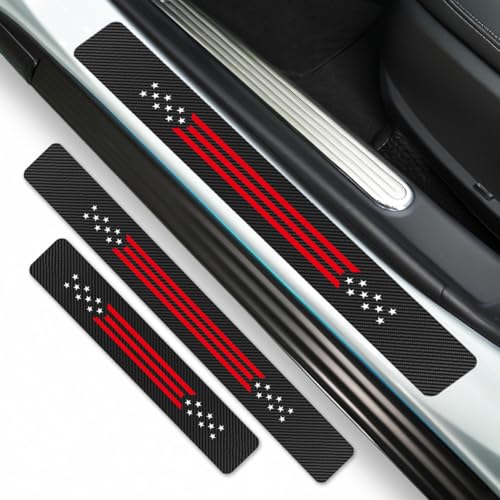 4Pcs Car Door Sill Protector, Carbon Fiber Anti-Scratch & Waterproof Stars and Stripes Front & Rear Door Sills Scratch Protection Universal Car Threshold Accessories for Cars SUV Truck - color: Red White Flag