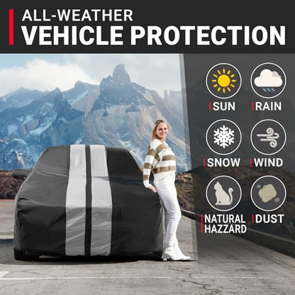 iCarCover Premium Plus Car Cover Waterproof All Weather Rain Snow UV Sun Protection, Mustang, Camaro, XK, 4-Series, 4 Series, M4, Supra, Thunderbird, Size C10 (See Size Chart), Stripe - Black/Gray - color: Sedan & Coupe - Black/Gray, size: C10 for Sedan &