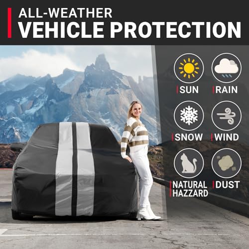 iCarCover Premium Heavy Duty Car Cover - Waterproof All Weather Rain Snow UV Protection, Mustang, Camaro, XK, 4-Series, 4 Series, M4, Supra, Thunderbird, Size C10 (See Size Chart), Stripe - Black/Gray - color: Sedan & Coupe - Black/Gray, size: C10 for Sed