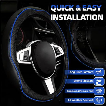 NBTEPEM Customized Auto Car Steering Wheel Cover for Toyota, Microfiber Leather Steering Wheel Covers with Anti-Slip Lining, Breathable, Safety, Soft, Sports Style (Black with Blue Line) - color: Black with Blue Line