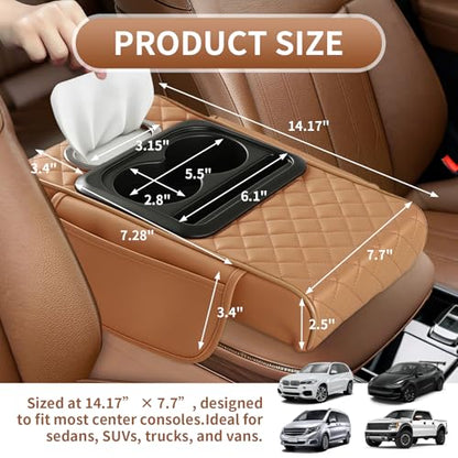 5-in-1 Car Armrest Cushion, Multifunctional PVC Leather Center Console Armrest Pillow Elbow, Universal Arm Box Pad Cover with Cup Holder, Phone Slot, Tissue Box Slot & 2 Storage Bags, Orange - color: Orange