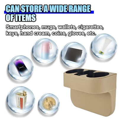 ZIMISI Car Cup Holder, PU Leather Auto Front Console Gap Filler Organizer, Multifunctional Cup Drink Holder, Car Seat Gap Filler Storage Box, Coin Bucket, Cell Mobile Phone Holder (Beige) - color: Beige