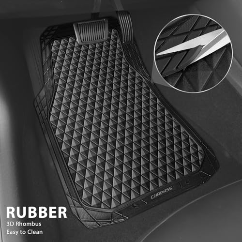 CAR PASS Black Rubber Car Mats, All-Weather Floor Mats Full Set Durable Anti-Slip 3D Rhombus Waterproof Automotive Pad Trim to Fit Liner Universal Fit for Sedan SUV Truck Van, 4 Pcs All Black Rubber - color: Black