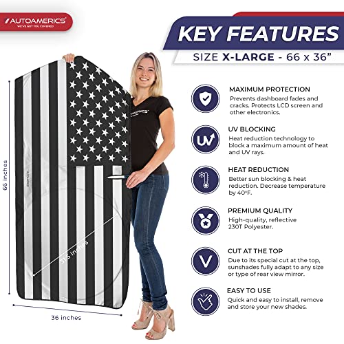 Autoamerics Truck Windshield Sun Shade with Storage Pouch & Anti-Slip Dashboard Pad - Foldable B&W American Flag Design Sunshade - Blocks Max UV Rays, Keeps Vehicle Cool | X-Large (66 x 36 inches) - color: USA B&W FLAG, size: X-LARGE = 66 x 36 inches
