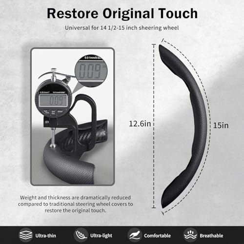 Nappa Leather Car Steering Wheel Cover for Men Women, Ultra-Thin Non-Slip Breathable Microfibre, Universal for 14.5"-15" Steering Wheel - Black - color: Black