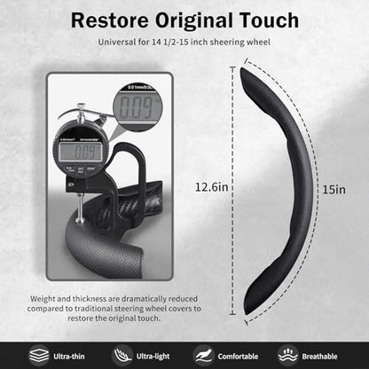 Nappa Leather Car Steering Wheel Cover for Men Women, Ultra-Thin Non-Slip Breathable Microfibre, Universal for 14.5"-15" Steering Wheel - Black - color: Black