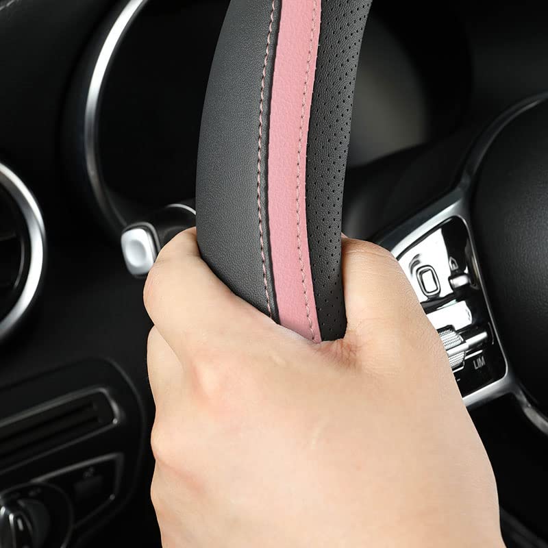 Car Steering Wheel Cover, Leather Steering Wheel Cover Pink Universal 14.5-15 Inch Microfiber Leather Anti-Slip Breathable Auto Steering Wheel Covers for Men Women (Black&Pink) - color: Pink