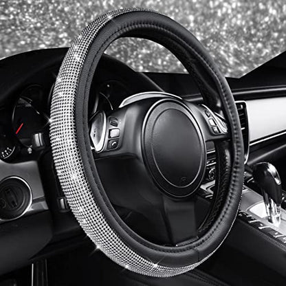 CAR PASS Bling Diamond Leather Steering Wheel Cover, with Bling Sparkly Crystal Glitter Rhinestones Universal Fit 14.5in-15in Car Wheel Protector for Women Girl Fit Suvs,Vans,Sedans,Car,Trucks, Silver - color: Silver Diamond