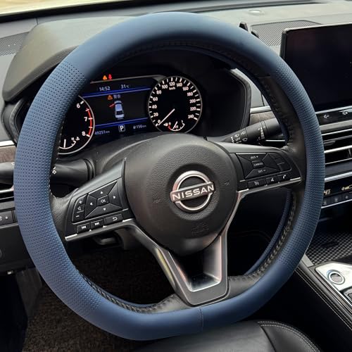 PINCTROT D Shaped Nappa Leather Steering Wheel Cover, Slim Fit No Bulk Design, One Piece Leather with Breathable Perforation, Fit Like Gloves, Flat Bottom 14.5-15 Inch(Nappa Smoky Blue) - color: 03.Smoky Blue, size: D Shaped/Flat Bottom[14 1/2''-15'']