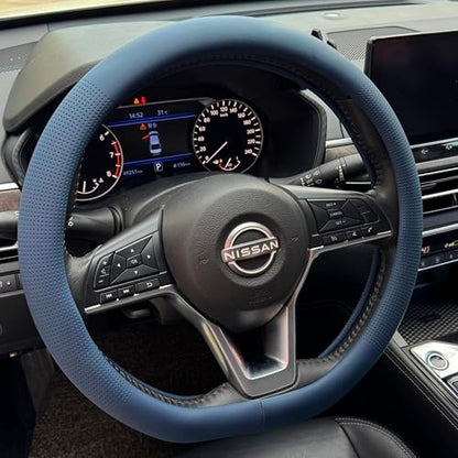 PINCTROT D Shaped Nappa Leather Steering Wheel Cover, Slim Fit No Bulk Design, One Piece Leather with Breathable Perforation, Fit Like Gloves, Flat Bottom 14.5-15 Inch(Nappa Smoky Blue) - color: 03.Smoky Blue, size: D Shaped/Flat Bottom[14 1/2''-15'']