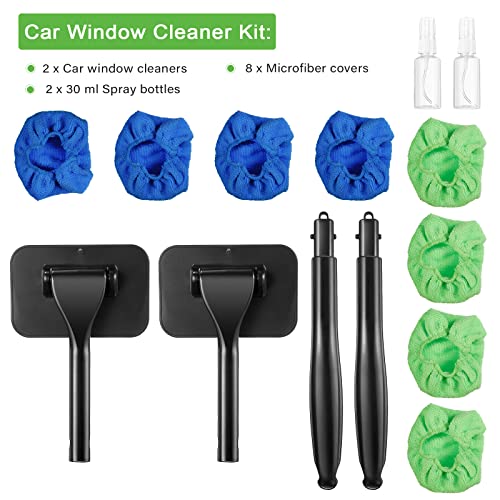 Frienda 2 Set Windshield Cleaner Tool Inside Car Windshield Cleaning Wand Auto Window Cleaner with Detachable Handle, 8 Reusable Microfiber Pads and 2 Spray Bottles for Car Interior(Blue, Green) - color: Blue, Green