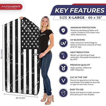 Autoamerics Truck Windshield Sun Shade with Storage Pouch & Anti-Slip Dash Pad - Foldable Grunge B&W USA Flag Design - Fits Most SUVs & Trucks - Reflective 230T Material | X-Large (66 x 36 inches) - color: USA GRUNGE B&W FLAG, size: X-LARGE = 66 x 36 inch
