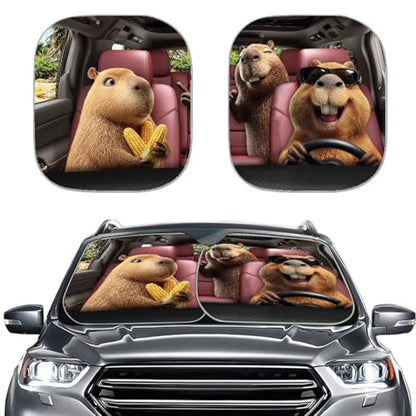 Windshield Sun Shade Funny Capybara Car Windshield Cover Foldable Sun Visor for Car, Sedans, SUV, Truck, 2 Pieces Thickened Automotive Interior Sun Protection - color: Capybara Banana