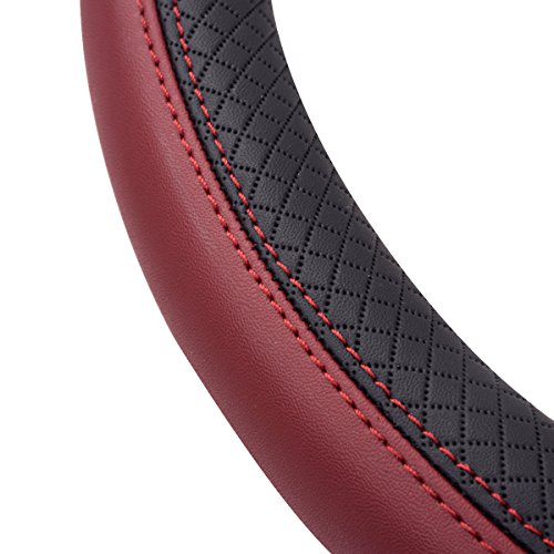 CAR PASS Rhombus Leather Universal Steering Wheel Cover, Fit for Suvs,Trucks,Cars,Sedans,Vans (Black&Burgundy) - color: Black and Burgundy, size: Standard[14.5"-15"]