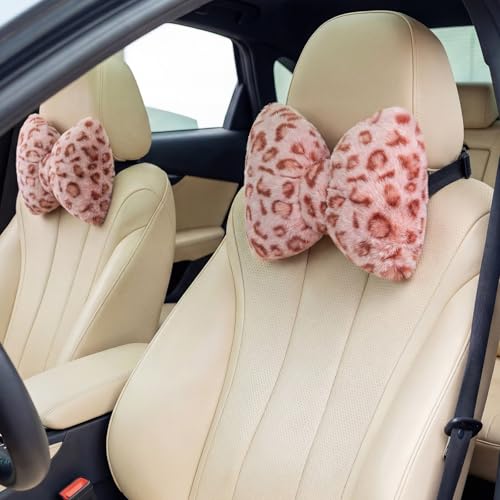 Macarrie 2 Pcs Car Neck Pillow Velvet Bow Headrest Pillow Soft Comfortable Seat Neck Support Cute Bow Car Accessories for Driving Travel Driver Chair Girl Style Interior Decor (Pink Leopard) - color: Pink, style: Leopard