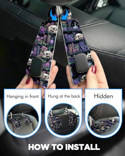 WOCOCN 2 Pack Car Purse Hook for Car Seat Headrest, Double-Sided PrintingPU Leather Purse Holder with Metal Hook, Cute Car Accessories for Women, Men (Car hook - Purple bookshelf skeleton A) - color: Car hook - Purple bookshelf skeleton A