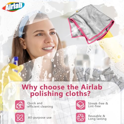 Airlab Glass Polishing Cloth Streak Free Miracle Microfiber Cleaning Cloth Lint Free Cleaning Rags for Glasses Kitchen Dish Mirrors Easy Clean, Pack of 6, 12" x 12", Sliver-Pink - color: Sliver-pink, Pack of 6