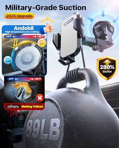 andobil Car Phone Holder Mount (Strong Suction&Bumpy Road Stable) Phone Holders for Your Car, Cell Phone Car Mount for Windshield Dash Vent Truck Cradle Stand for iPhone 17 16 15 14 Pro Max Grey - color: Grey