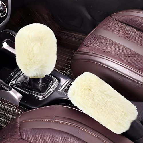 Hovom 2PCS Fluffy Car Gear Shift Knob Cover & Handbrake Cover, Soft Plush Hand Brake Handle & Gear Shift Cover for Women Girls, Universal Comfortable Warm Furry Car Accessories (Beige) - color: Beige