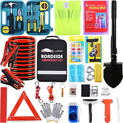 LIANXIN Roadside Emergency Car Kit-Safety Car Kit Car Emergency Kit with Jumper Cables Roadside Assistance Kit, Tow Rope, Safety Hammer, Reflective Warning Triangle,Car Tool Kit - color: Black