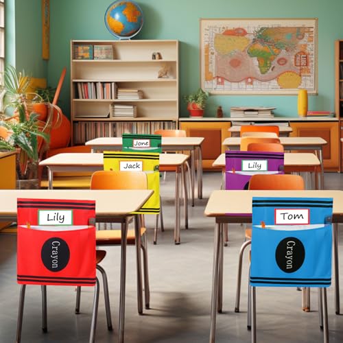 12 Pack Crayon Chair Pockets for Classroom 18.5'' x 19'' Preschool Seat Pockets Kindergarten Crayon Classroom Decor Elementary Back to School Teacher Chair Storage Organizer with Name Slot - style: Crayon