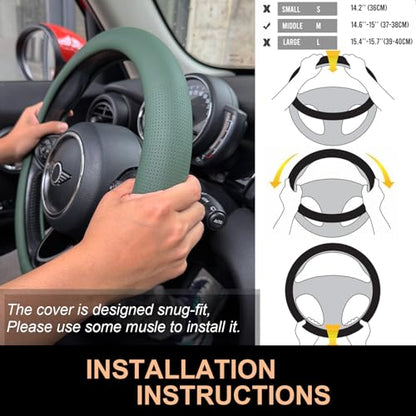 PINCTROT Nappa Leather Steering Wheel Cover, Slim Fit No Bulk Design, One Piece Leather with Breathable Perforation, Fit Like Gloves, Universal 14.5-15 Inch(Nappa Green) - color: 11.Green, size: Medium(Standard) Size[14 1/2''-15'']