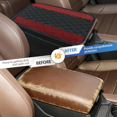 Bling Leather Car Center Console Cover, 12.2"×7.48" Crystal Rhinestone Automotive Arm Rest Cover with Side Pockets, Universal Vehicle Armrest Protector, Interior Car Accessories (Red) - color: Red