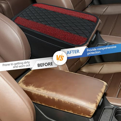 Bling Leather Car Center Console Cover, 12.2"×7.48" Crystal Rhinestone Automotive Arm Rest Cover with Side Pockets, Universal Vehicle Armrest Protector, Interior Car Accessories (Red) - color: Red