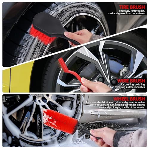 35Pcs Car Detailing Kit & Car Cleaning Kit – Windshield Tool, Long Wheel Brush & 2 Angled Brushes, 4 Polishing Pads & 4 Wax Pads – Red Tool Box – Gift for Men (B：35PCS-R)