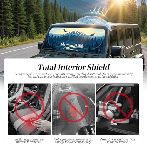 63"x28.5" Car Windshield Sun Shade with Storage Pouch, Stylish Printed Front Window Sunshade with Double Ring Frame, Universal Fit Foldable Heat Blocker & UV Protector for SUV, Sedan (Adventure-Peak) - color: Adventure-Peak