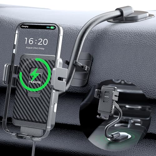 MOKPR Wireless Car Charger, Adjustable Gooseneck Car Mount Auto-Clamping Car Charger, Dashboard [with Anti Shake stabilizer] Phone Holder fit for iPhone 17 16 15 14 13 12, Samsung S24 S23 S22, etc - style: Dashboard