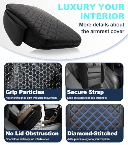 Center Console Cover for Ford Explorer Arm Rest Lid, Diamond Quilted Armrest Pad with 1-Inch Comfort Lift (2020-2026)