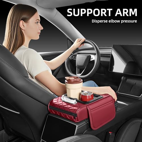 5 in 1 Car Center Console Cover, Armrest Pad with 2 Storage Pockets, Cup Holder, Tissue Box Slot, Phone Holder, Universal Car Interior Organizer (Burgundy) - color: Burgundy