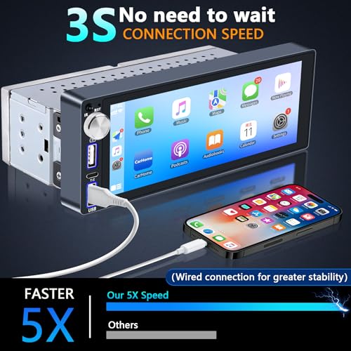 Single Din Car Stereo with Apple Carplay Android Auto,6.9 Inch IPS Touchscreen, 1 Din Car Audio Receivers wtih Bluetooth Handsfree/FM/AM/Dual USB/Type-C/EQ/SWC/GPS Navigation/Backup Camera/Microphone