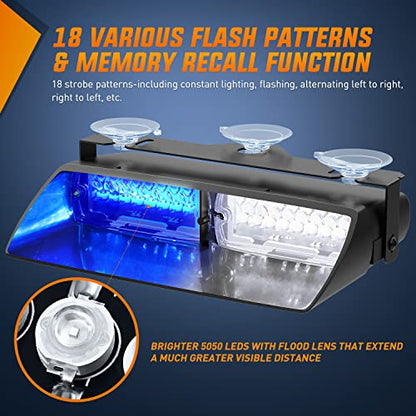 Nilight Blue and White Emergency Strobe Lights Windshield Hazard Warning Safety Flash Light with Suction Cups Super Bright LED for Police Enforcement Firefighters Vehicle Truck - color: Blue and White