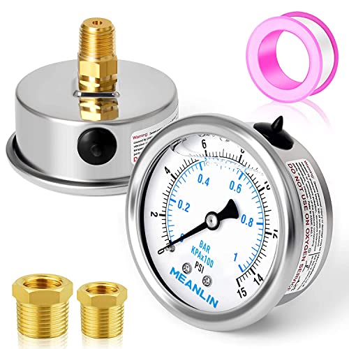 MEANLIN MEASURE 0~15Psi Stainless Steel 1/4" NPT 2.5" FACE DIAL Liquid Filled Pressure Gauge WOG Water Oil Air Center Back Mount, with 1/2" NPT and 3/8" NPT Hex Bushing - size: 0-15psi
