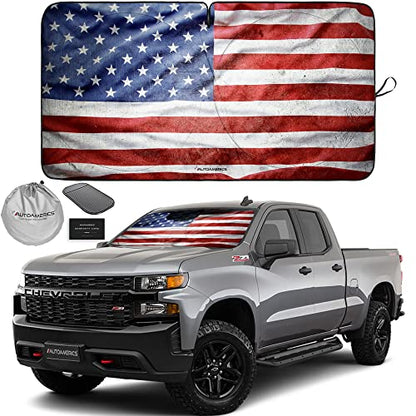 Autoamerics 1-Piece Windshield Sun Shade Grunge American Flag - 3 USA Design - Foldable Car Front Window Sunshade for Most Sedans SUV Truck - Blocks Max UV Rays and Keeps Your Vehicle Cool - Large - color: USA GRUNGE FLAG-3, size: LARGE = 64 x 33.5 inches