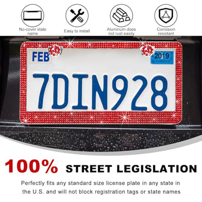 DXNQ Bling License Plate Frame, Sparkly Rhinestone Diamond License Plate Cover with Crystal Screws Caps, Glitter Crystal Stainless Steel License Plate Holder for Women, Car Accessories (Red) - color: Red