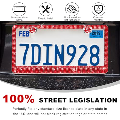 DXNQ 2PCS Bling License Plate Frame, Sparkly Rhinestone Diamond License Plate Cover with Crystal Screws Caps, Glitter Crystal Stainless Steel License Plate Holder for Women (Red) - color: Red, 2PCS