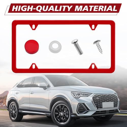 Automotive Universal 2 Pack License Plate Frames Stainless Steel License Plate Holder Covers with Screws Caps Washers Universal 4 Hole Compatible with Car Truck Exterior Accessories, Red - color: Red