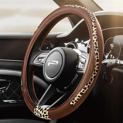 Road Comforts Steering Wheel Cover - Made with PVC Leather and Leopard Fabric - Universal 14 1/2 inches to 15 inches for Most Automotive Steering Wheel - Cheetah Print - Brown - color: Round-Brown