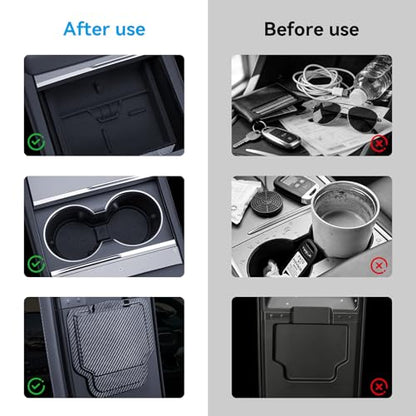 Center Console Organizer Tray for Tesla Model Y Juniper 2025-2026 & Model 3 Highland 2024-2026 - Tesla Accessories Storage Double Layer Tray Silicone Non-Slip Surface, Cup Holder & Camera Cover