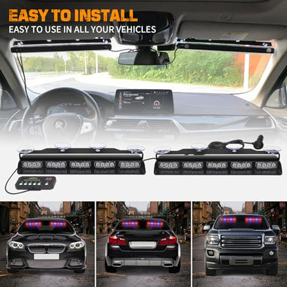 XRIDONSEN 2x 17 inch Emergency Dash Police Lights 40 LED Red Blue Police Light Bar Interior Front/Rear Windshield Strobe Lights Safety Warning Hazard Caution w/Suction Cups for Vehicles Trucks Car - color: Red/Blue