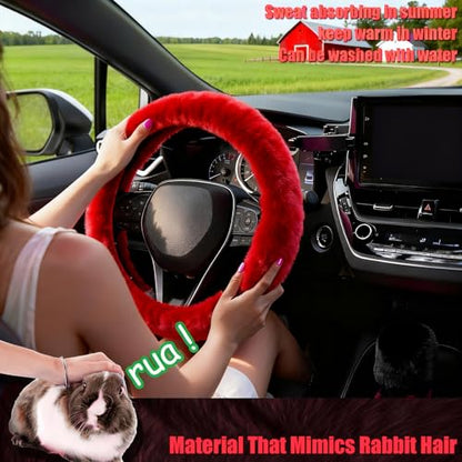 Furry Car Steering Wheel Cover, Fluffy Soft Warm Plush Non-Slip, 14 1/2-15 inch, for Women Girls, Red - color: single cover - red